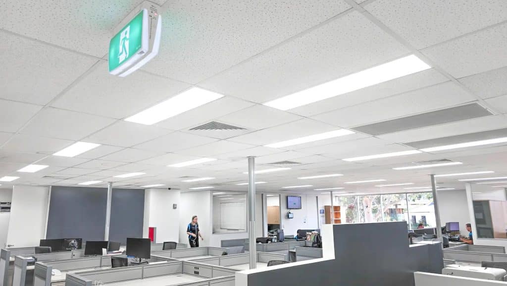 Finished office LED lighting upgrade — bright, even panel lighting across an open-plan Sydney office